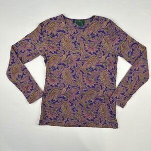 Lauren Ralph Lauren Womens Purple Paisley Long Sleeve Cotton Knit Top Size M